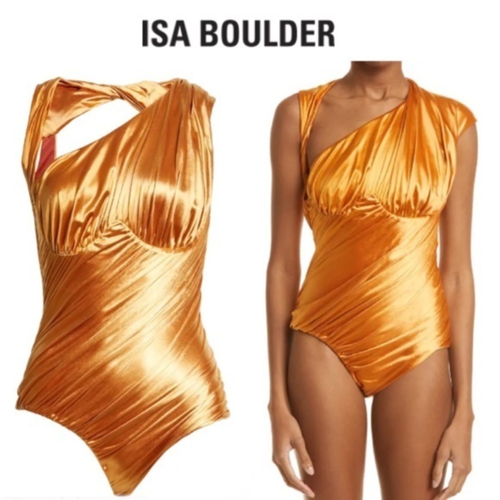 ISA BOULDER Sculpture Asymmetric Satin Swimsuit in Copper sz M 340$
